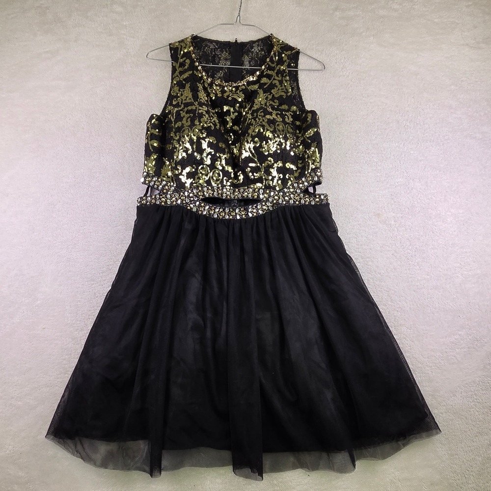 Bee Darlin Black Gold Sequin Lace Tulle Cutout Cocktail Dress 15/16